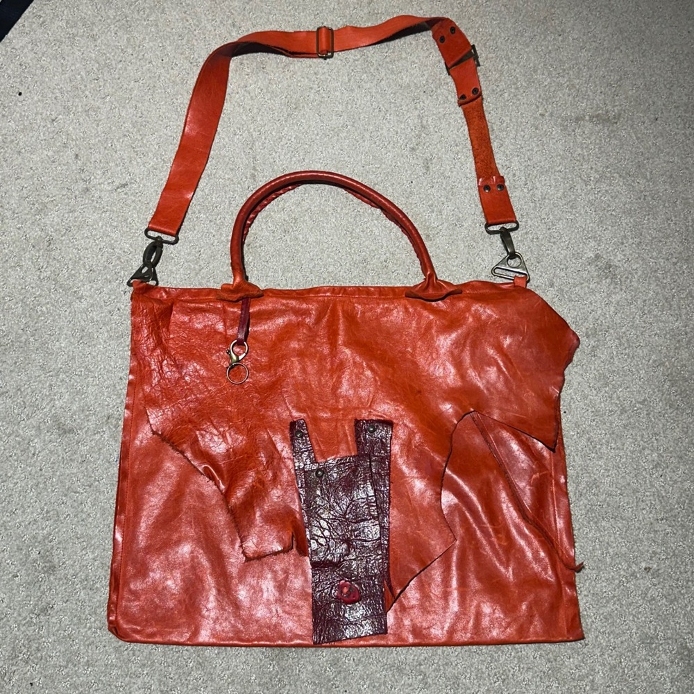 Handmade Deconstructed Orange Leather Oversized Tote Crossbody Bag Large